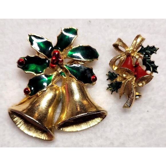 Enamel Christmas Bells Holly Vtg Brooch Lot 1 Signed Roma Xmas Holiday Goldtone - Picture 1 of 6